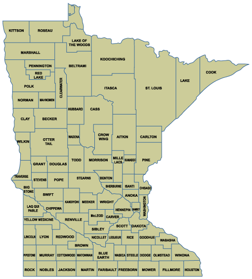 A map of the counties for the state of Minnesota